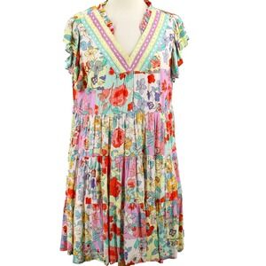 Anthropologie Fate Floral Dress Knee Length Large Resort Lined V-Neck 100% Rayon